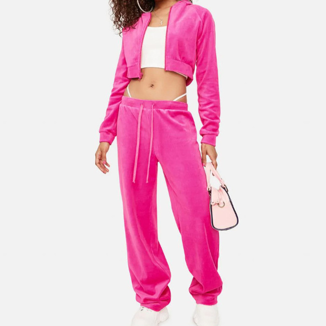 Custom 2023 Women Streetwear Y2K Blank Zip Up Cropped Hoodie And Sweatpants Set Suit Pink Velour Velvet Tracksuit