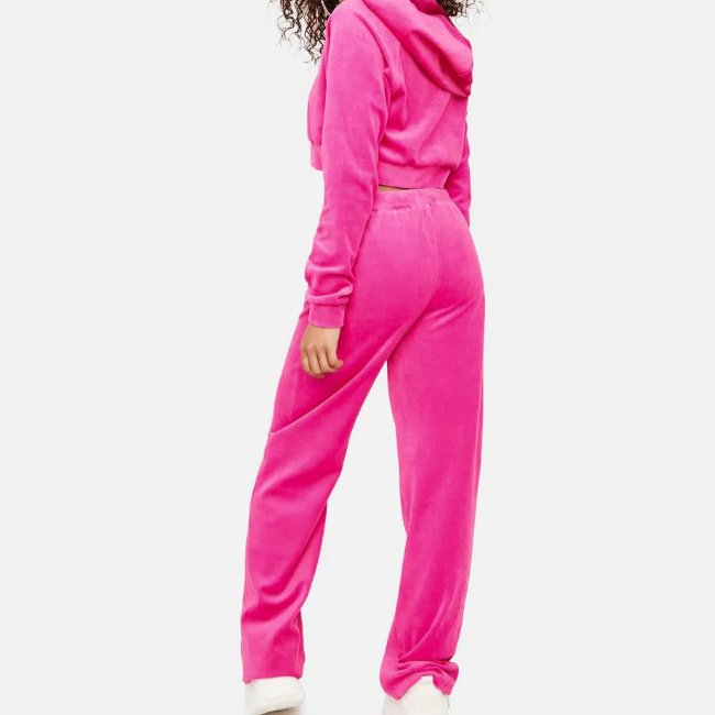 Custom 2023 Women Streetwear Y2K Blank Zip Up Cropped Hoodie And Sweatpants Set Suit Pink Velour Velvet Tracksuit