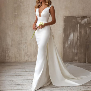 Custom Women Sexy Deep V-neck Party Evening White Gown Mermaid Satin Weeding Dress