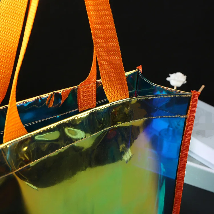 Custom fashion handbag PVC transparent shopping bags laser neon PVC tote bag