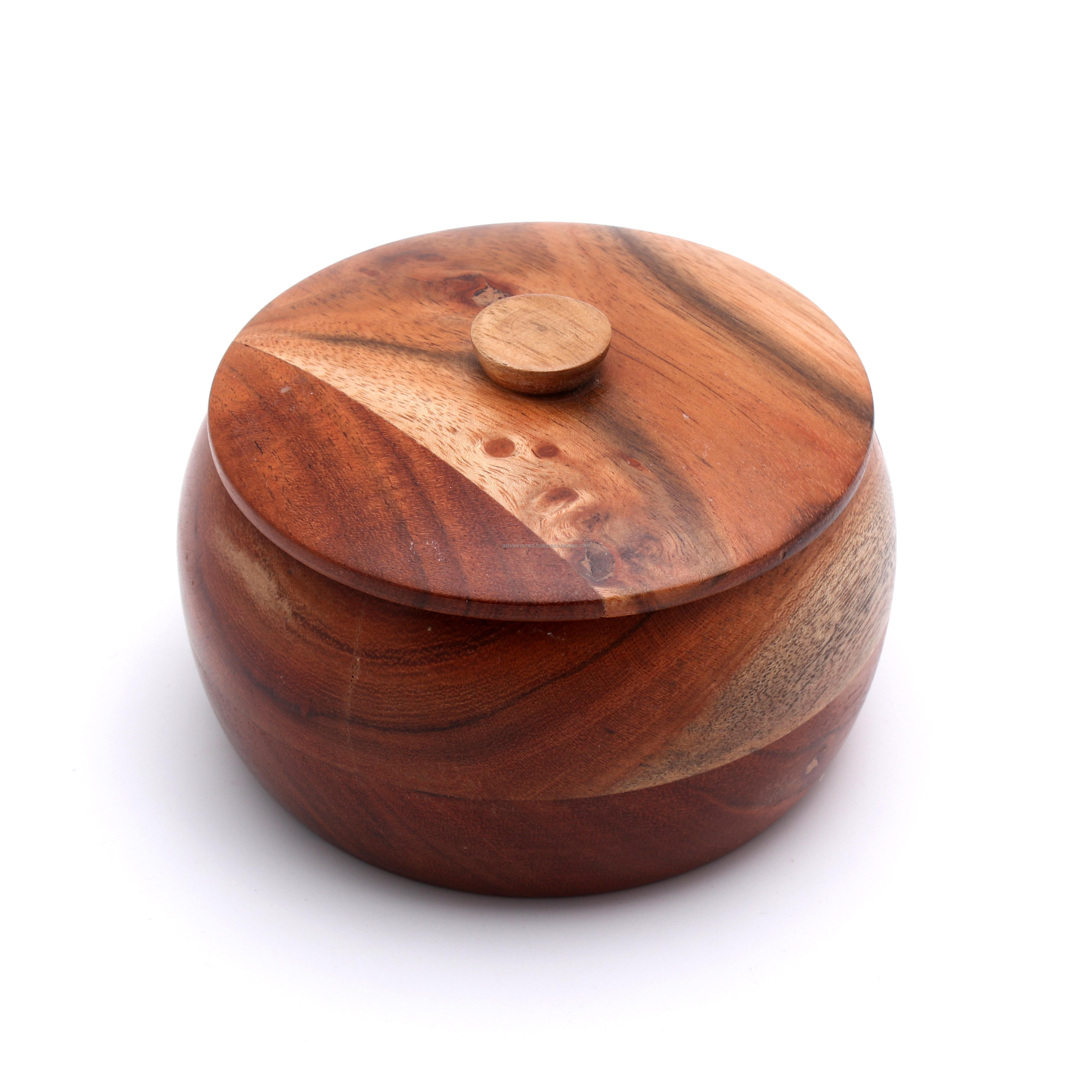 Natural Wooden Acacia Serving Salad Bowl Handcrafted Wooden Box Serving Bowl With Lid For Chapatis Serving Acacia Wooden Bowl