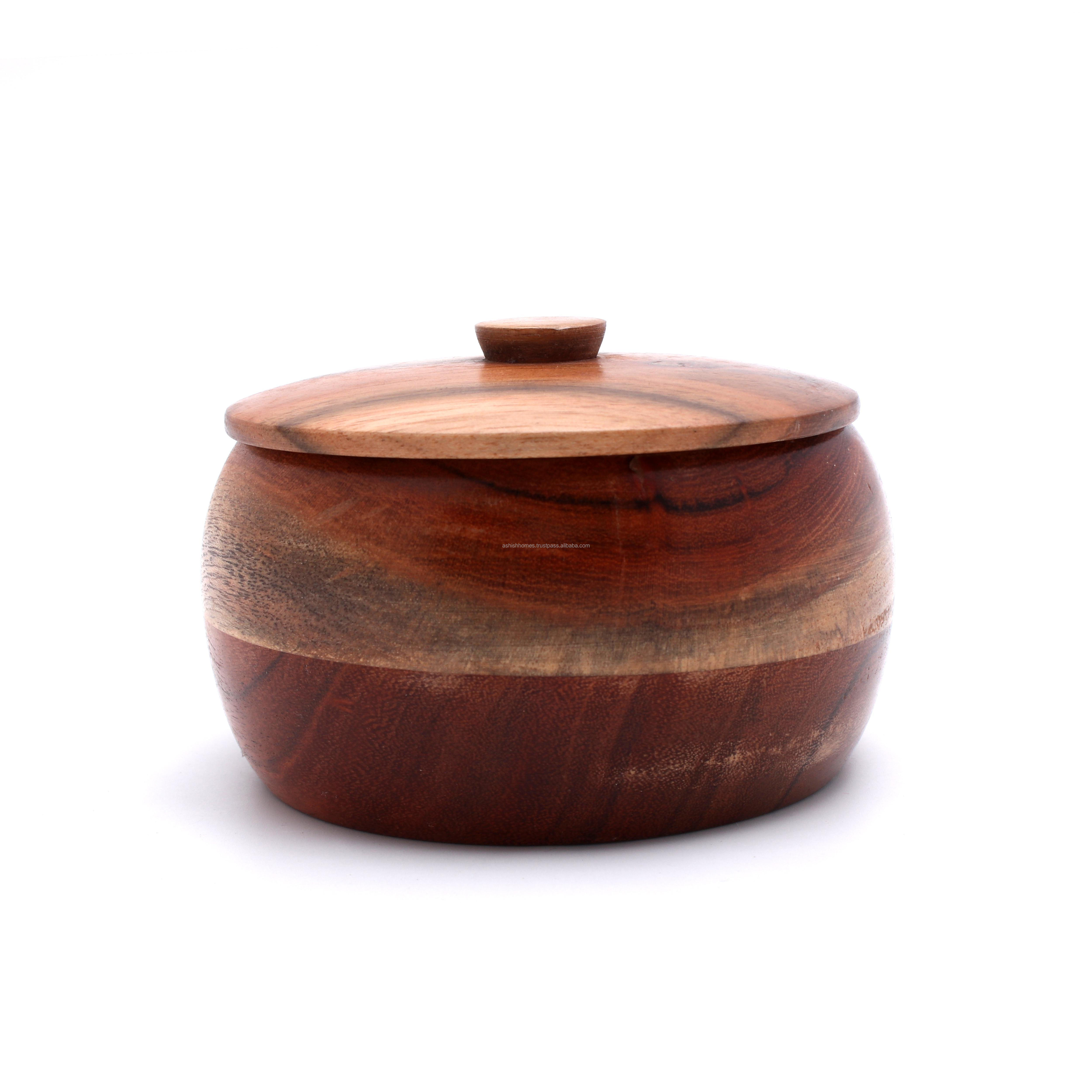 Natural Wooden Acacia Serving Salad Bowl Handcrafted Wooden Box Serving Bowl With Lid For Chapatis Serving Acacia Wooden Bowl