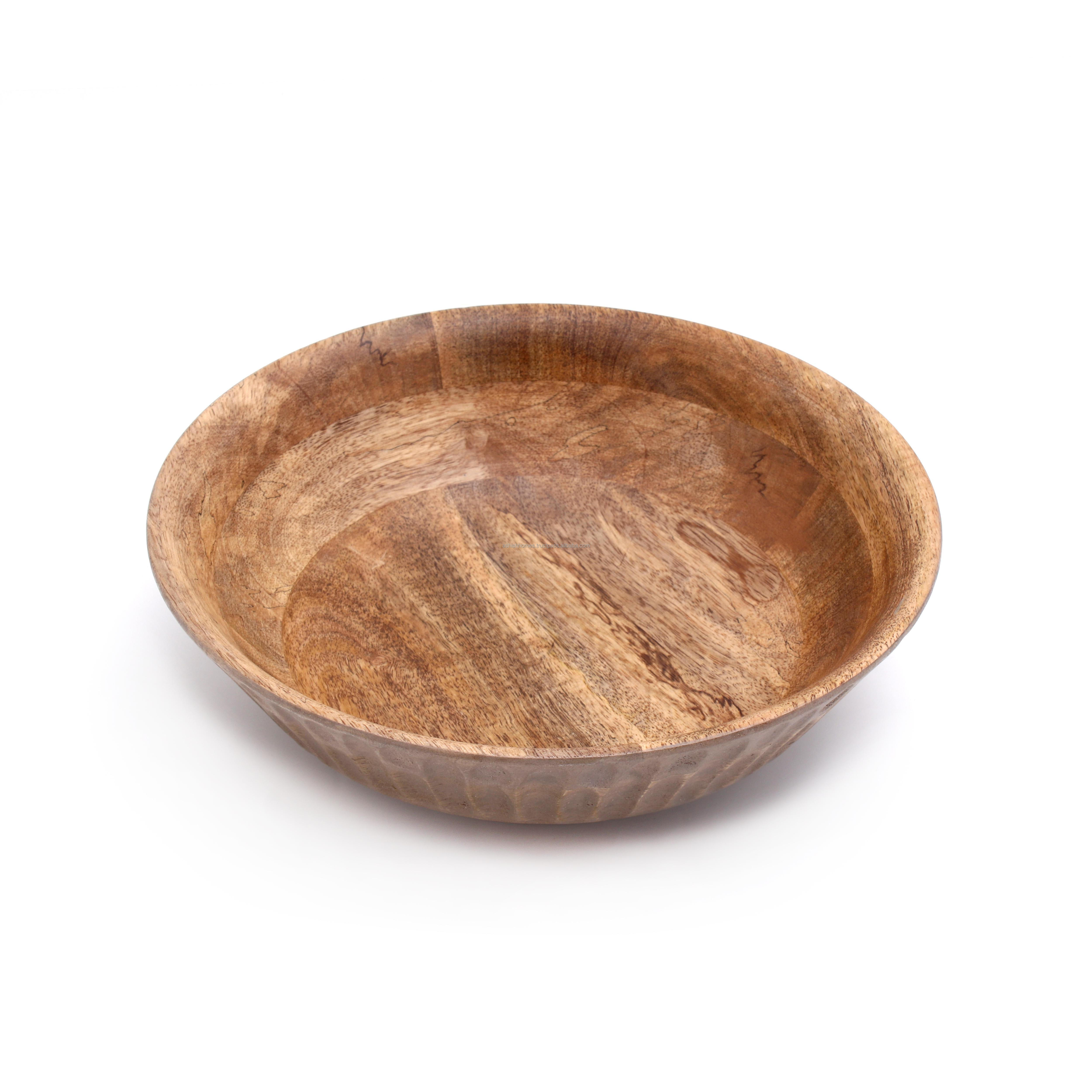 Natural Acacia Wooden Serving Bowl With Hand Carved Design Grey Distress Finish Dough Flour Mixing Serving Food Acacia Bowl