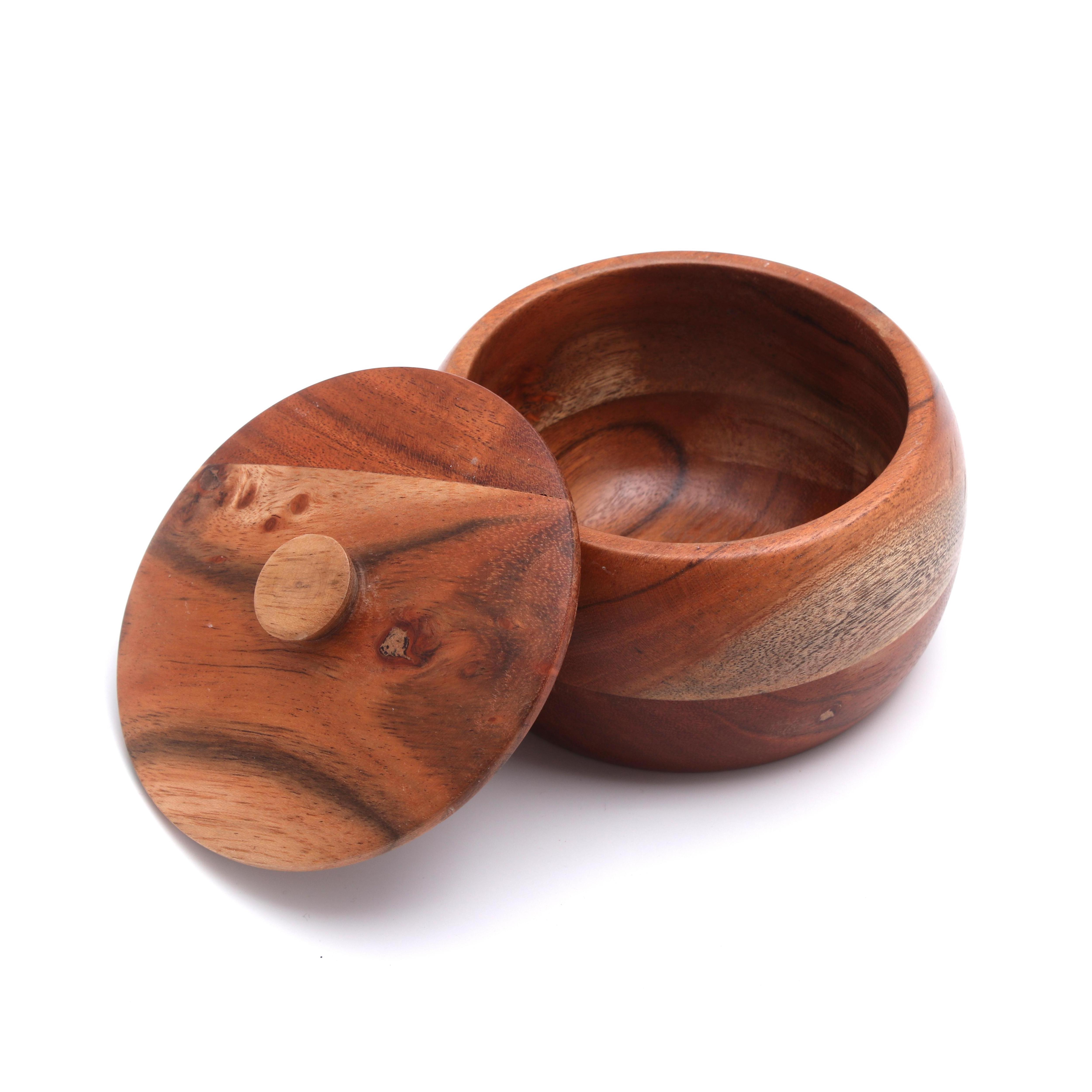 Natural Wooden Acacia Serving Salad Bowl Handcrafted Wooden Box Serving Bowl With Lid For Chapatis Serving Acacia Wooden Bowl