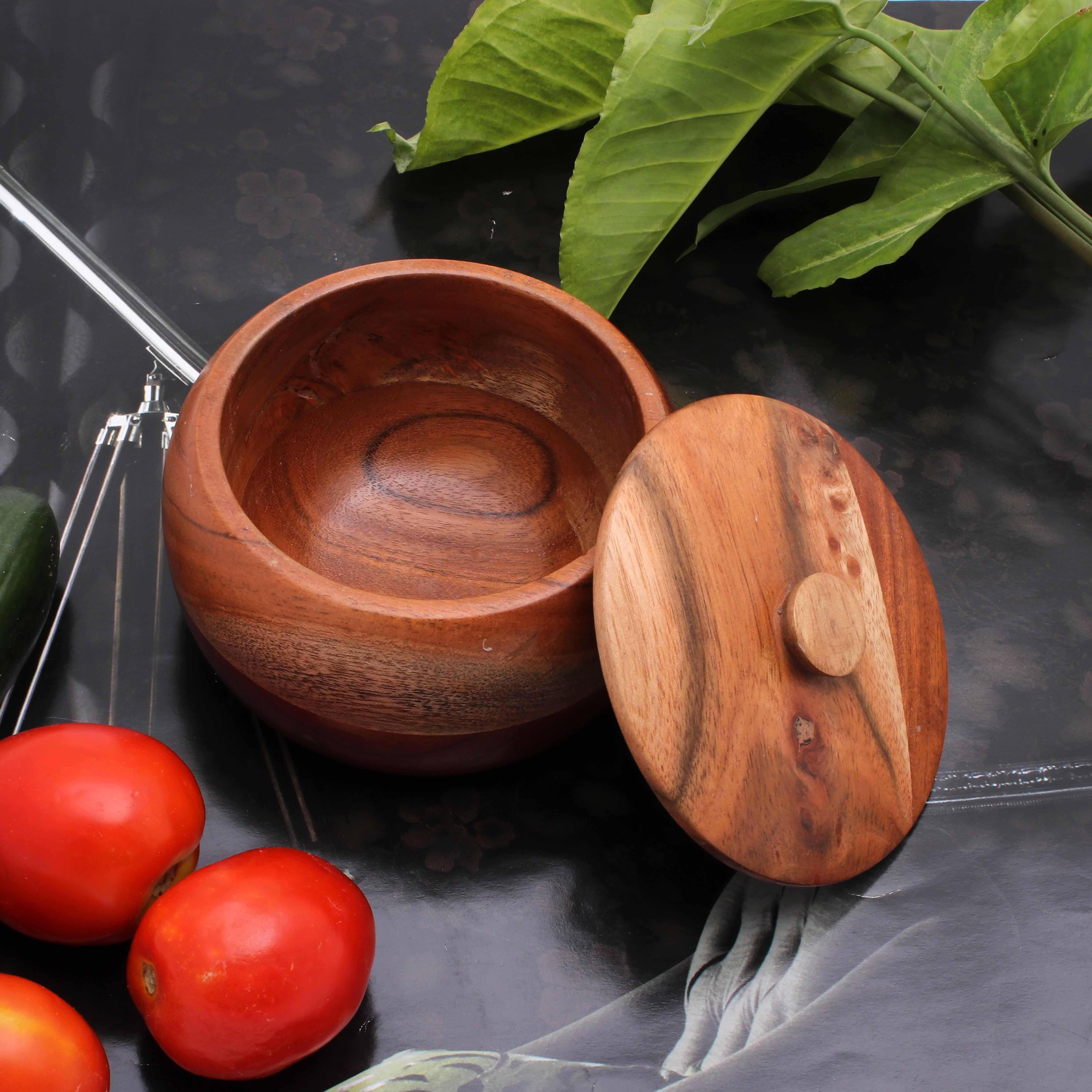 Natural Wooden Acacia Serving Salad Bowl Handcrafted Wooden Box Serving Bowl With Lid For Chapatis Serving Acacia Wooden Bowl