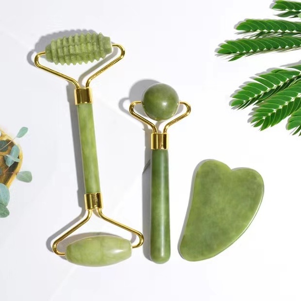 3 in 1 box natural Face Jade roller massage Jade roller massager jade stone gua sha face set