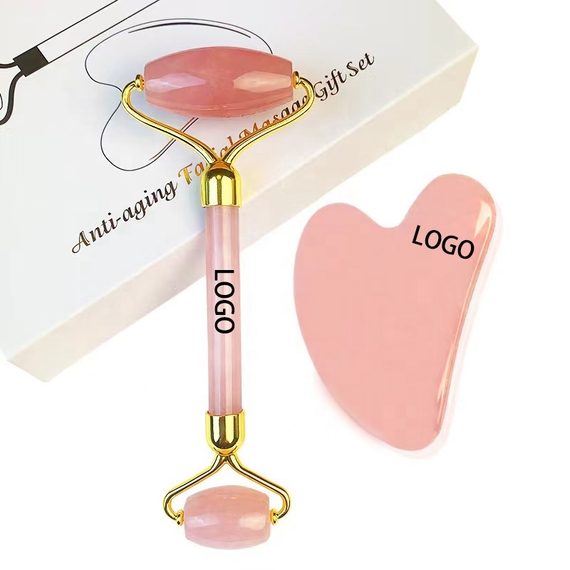 Best Seller Custom logo natural High quality facial ice roller Rose Pink Quartz Facial Massager Jade Roller gua sha set