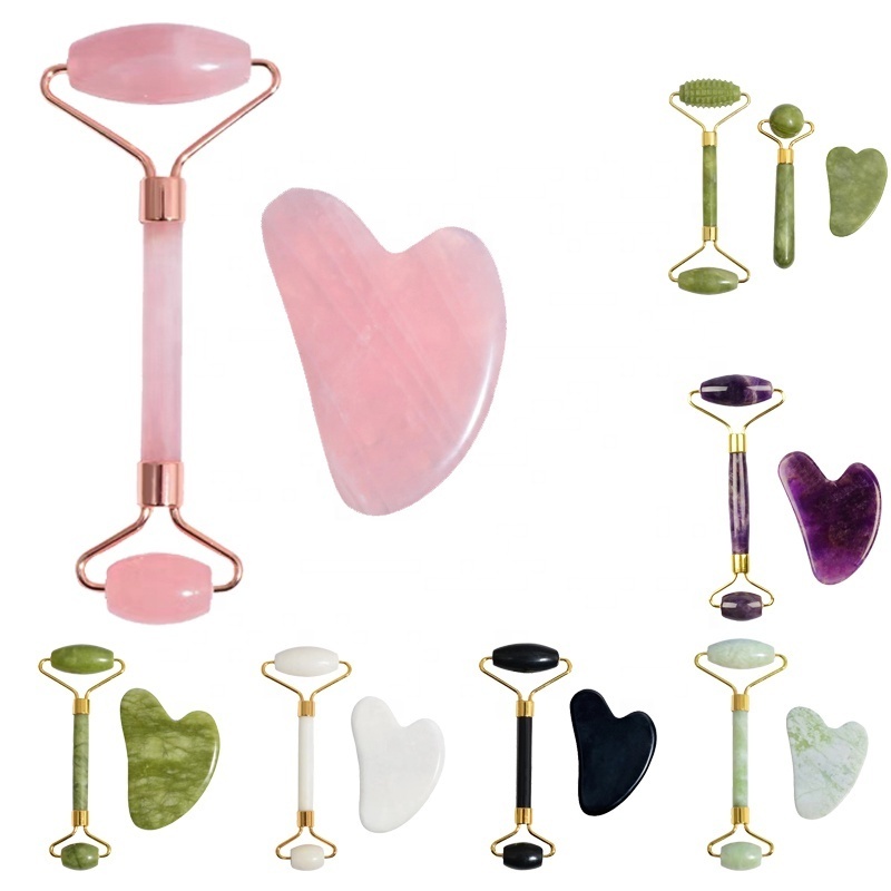 Best Seller Custom logo natural High quality facial ice roller Rose Pink Quartz Facial Massager Jade Roller gua sha set