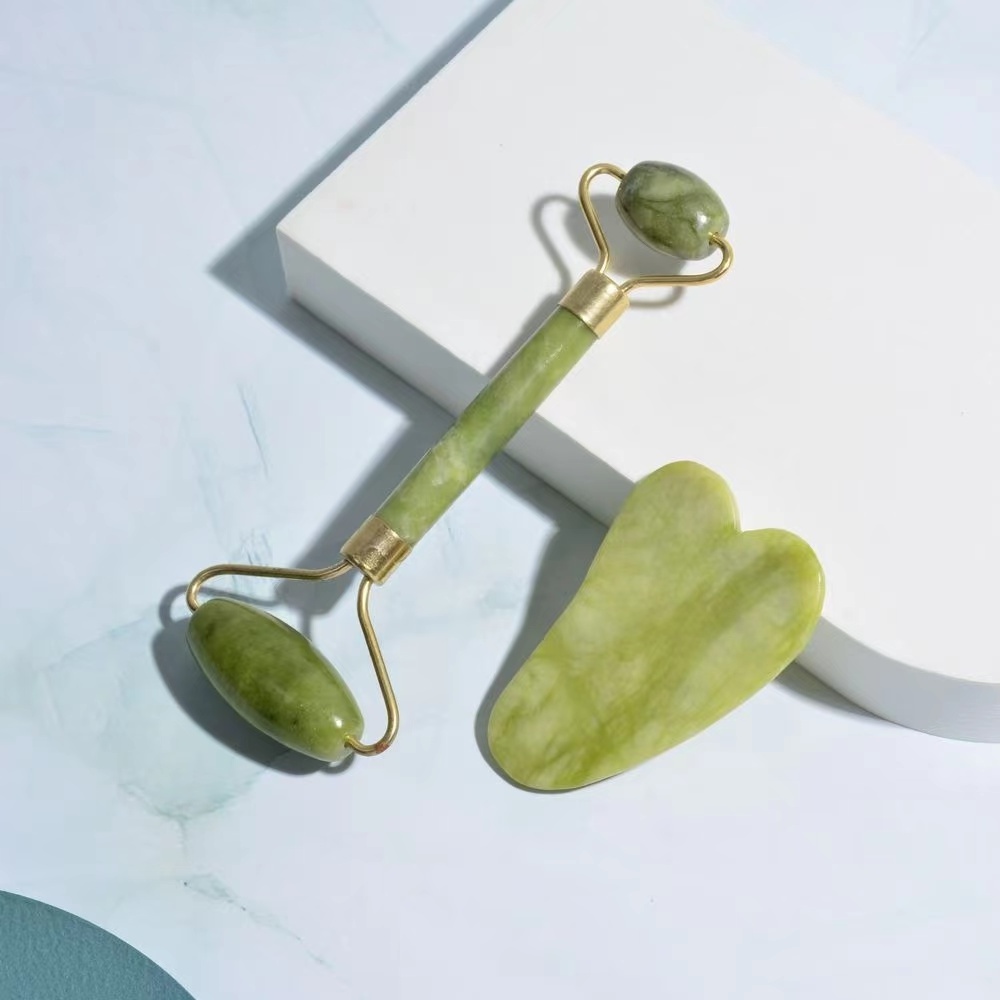 100% natural xiuyan green jade roller and gua sha tools facial guasha rodillo de jade stone eye massage roller iron framing