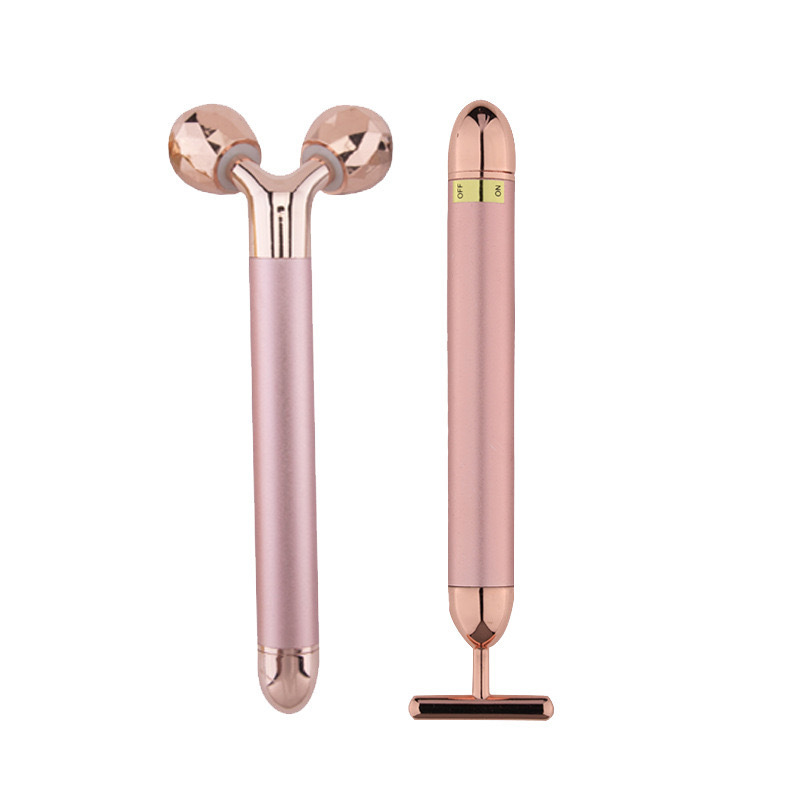 Electric skin care tools V face slimming lifting T shape Real gold pink energy beauty bar face massager 3D roller 2 in 1 box set