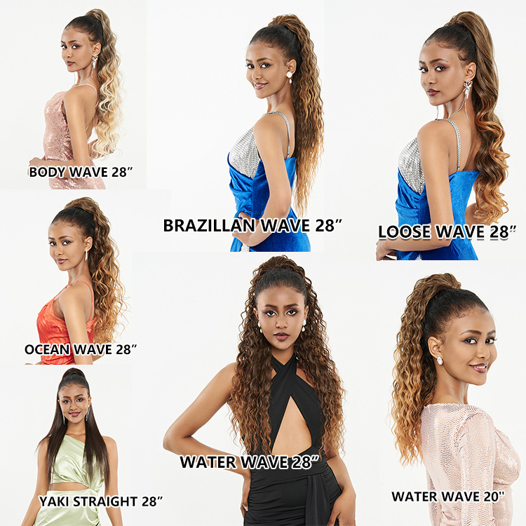 Wholesale Long High Quality Brazilian Curly Afro Natural Hairpiece Drawstring Extensions Pony Tail Synthetic Hair Ponytails