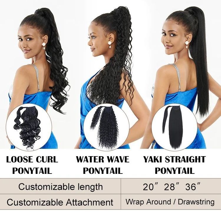 Wholesale Custom Logo Synthetic Ponytail Hair Piece 28'' Claw Clip Wrap Around Black Drawstring Super Long Ponytail Extension