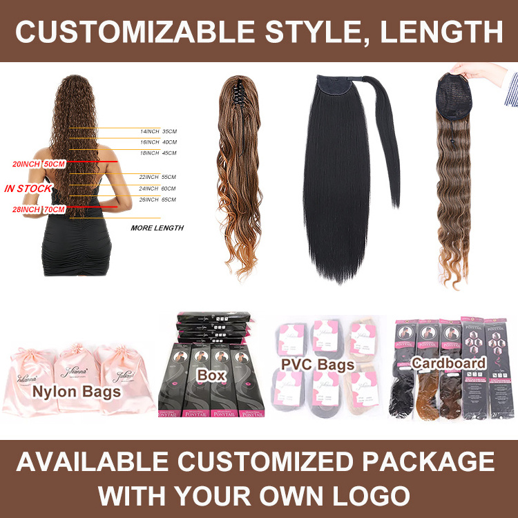 Wholesale Custom Logo Synthetic Ponytail Hair Piece 28'' Claw Clip Wrap Around Black Drawstring Super Long Ponytail Extension