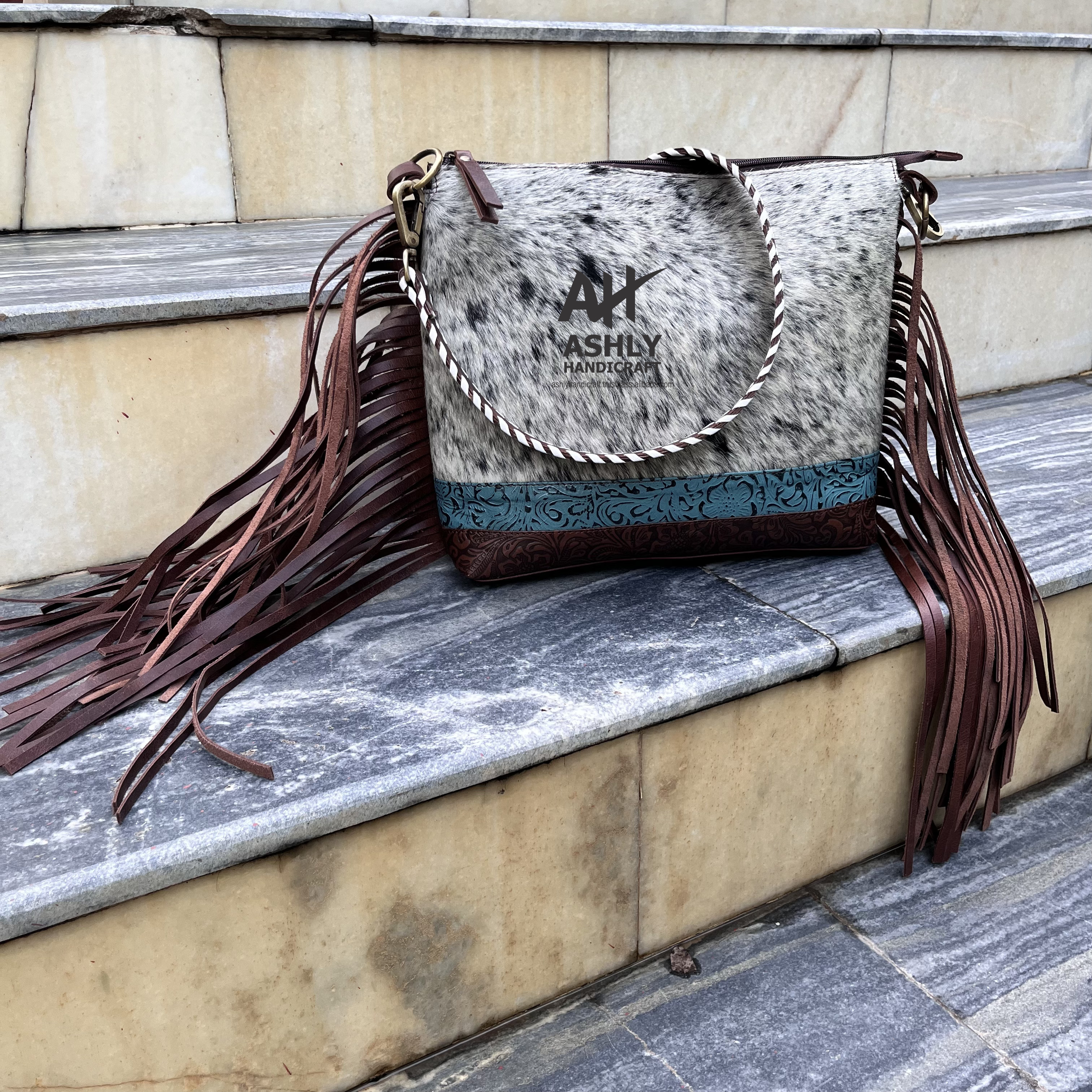 Popular Cowhide Fur Leather Tooled Handbag  Stylish Woven Shoulder Bag Premium Quality Fresh & Cool Tooling Fringe Bag