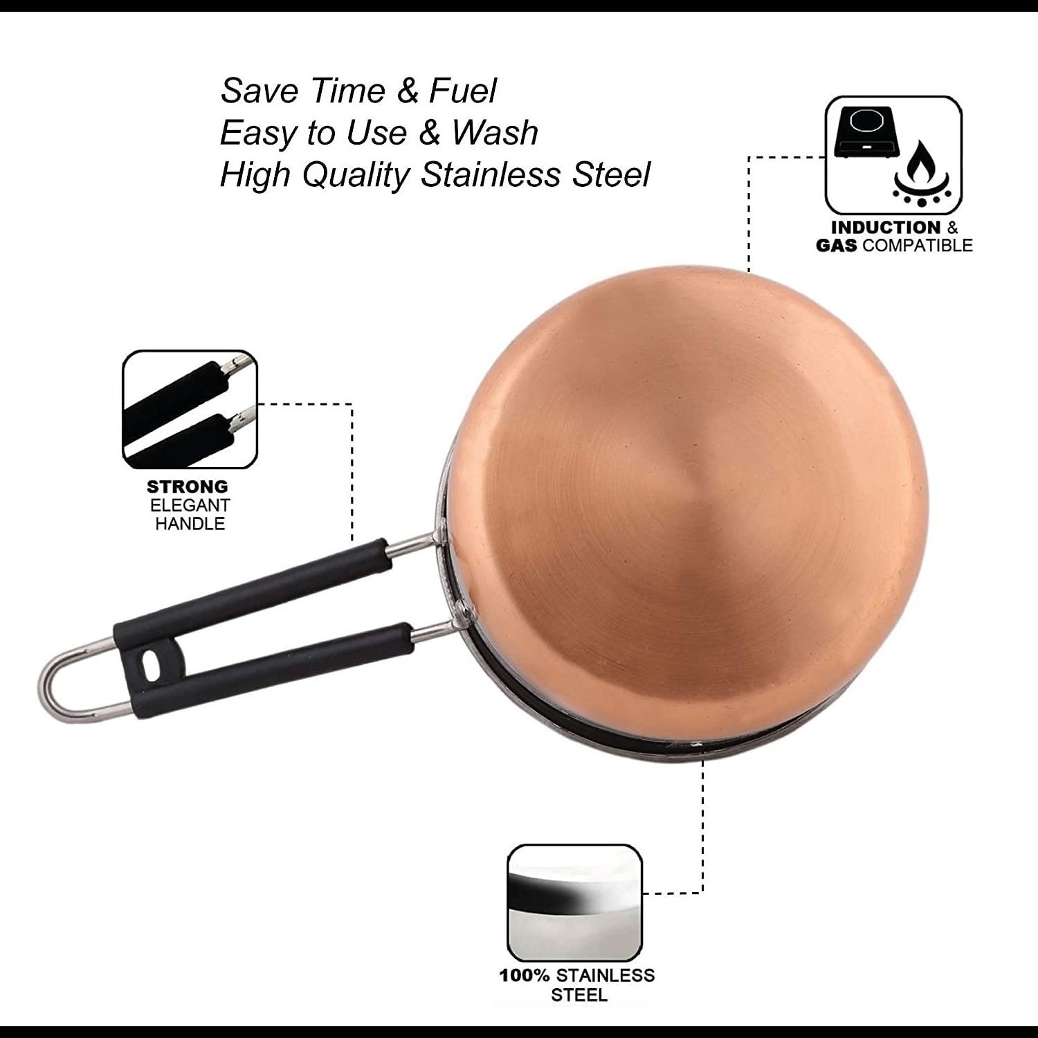 Stainless Steel Stainless Steel Copper Coated Flat Stove Bottom Sauce & Milk Pan Cook and Serve 1 pc Metal Stock Pot