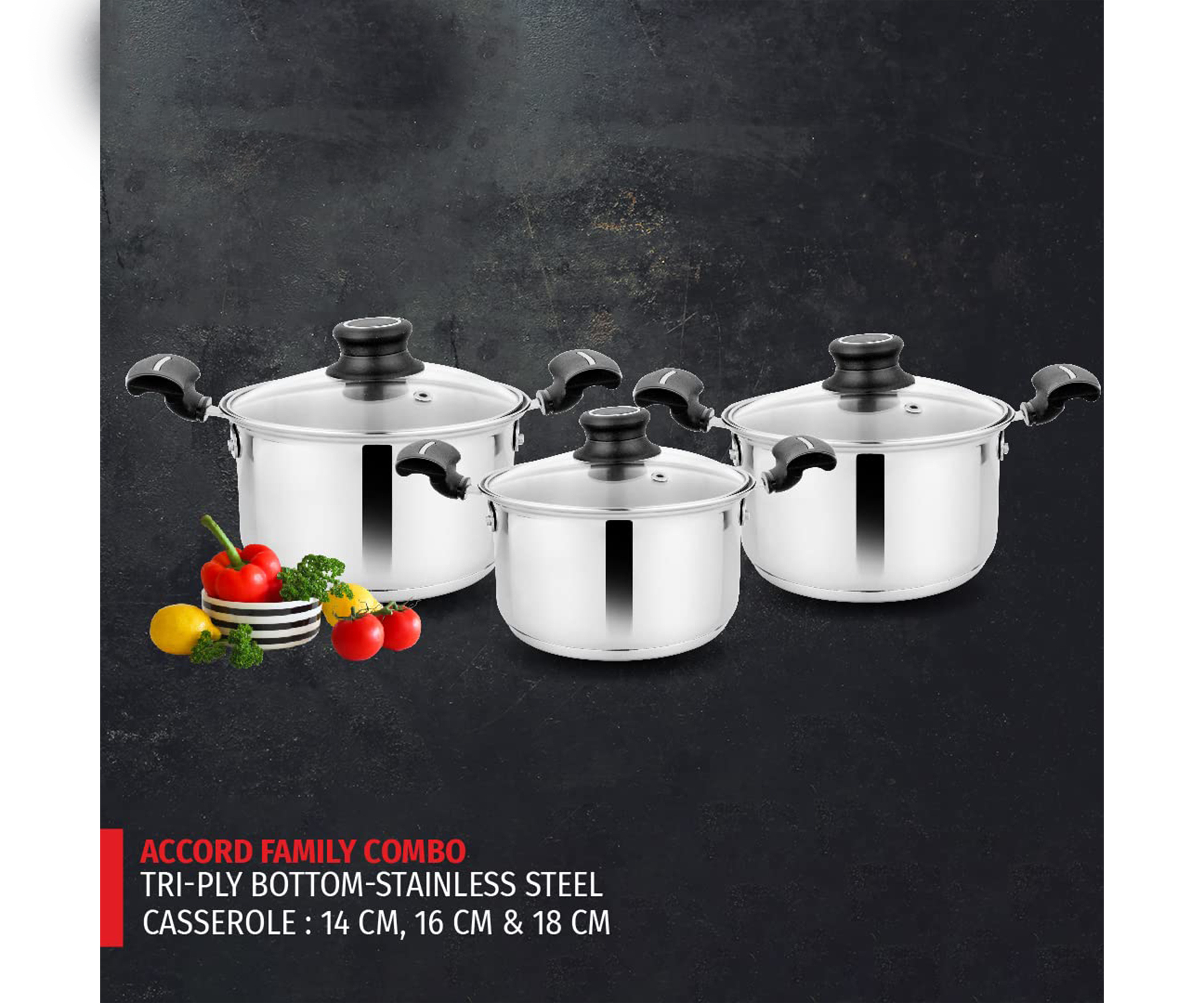 Premium Stainless Steel Induction Bottom Metal Cookware Family Combo Best For Cook And Serve Set Of 3 Casserole With Glass Lid