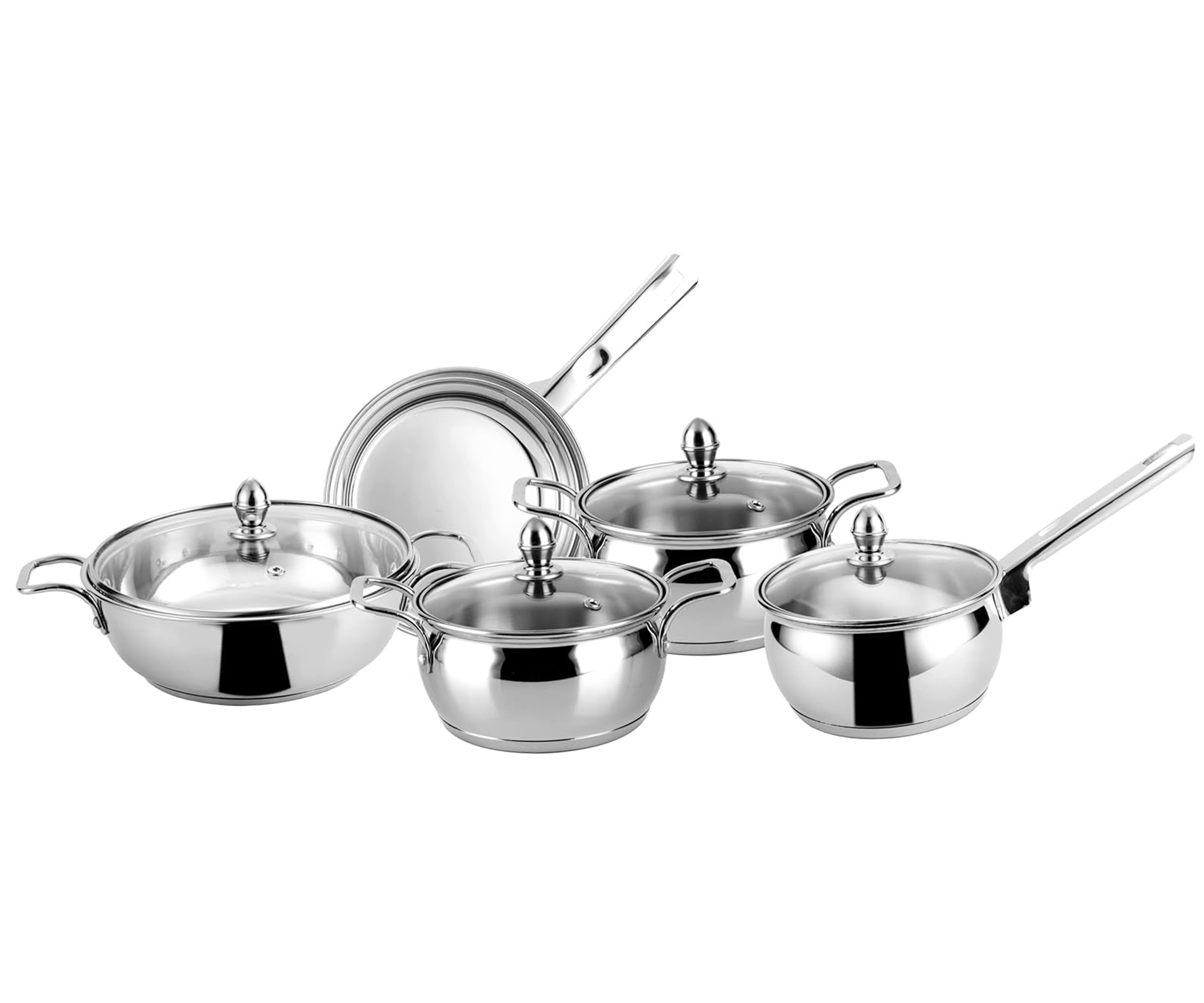 Premium Stainless Steel Induction Bottom Cookware Combo Casserole With Glass lid Fry pan Saucepan Cook and Serve Set of 5 Pcs