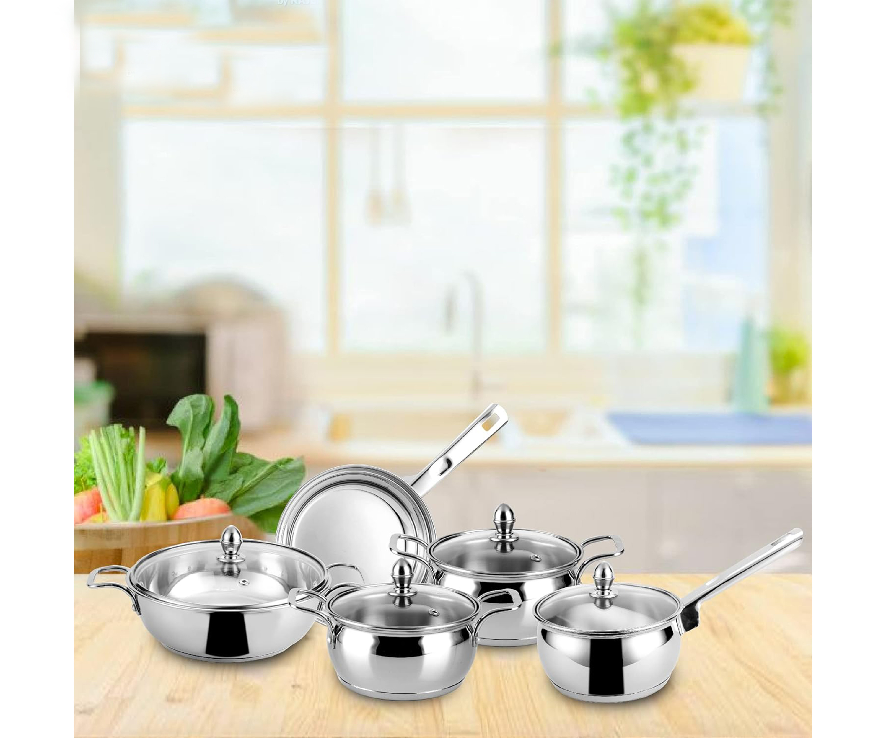 Premium Stainless Steel Induction Bottom Cookware Combo Casserole With Glass lid Fry pan Saucepan Cook and Serve Set of 5 Pcs