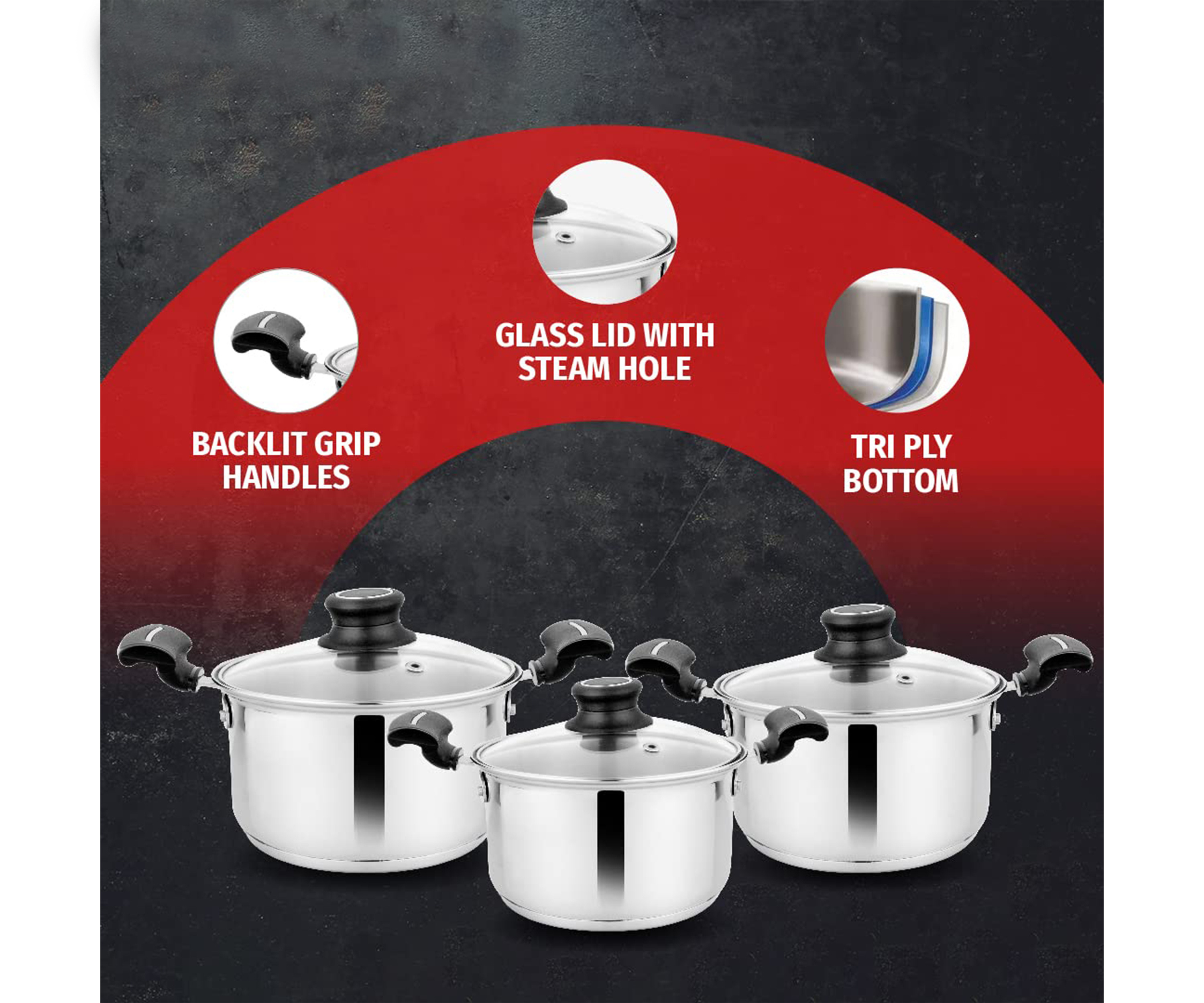 Premium Stainless Steel Induction Bottom Metal Cookware Family Combo Best For Cook And Serve Set Of 3 Casserole With Glass Lid