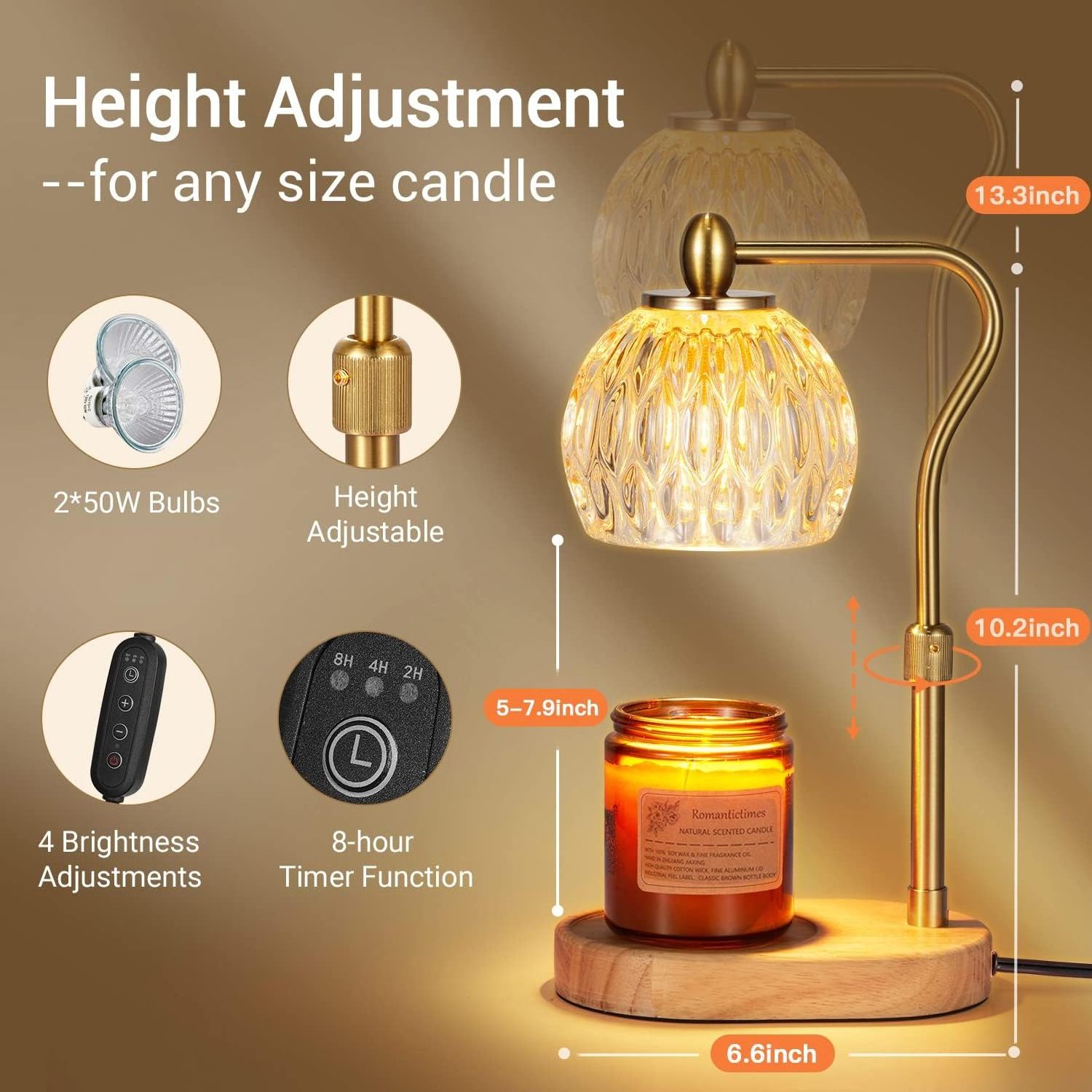 Dimmable Candle Warmer Lamp 2H/4H/8H Timer, Adjustable Height Wax Melter Lamps for Home Decor, Glass Candle Warmer Gifts