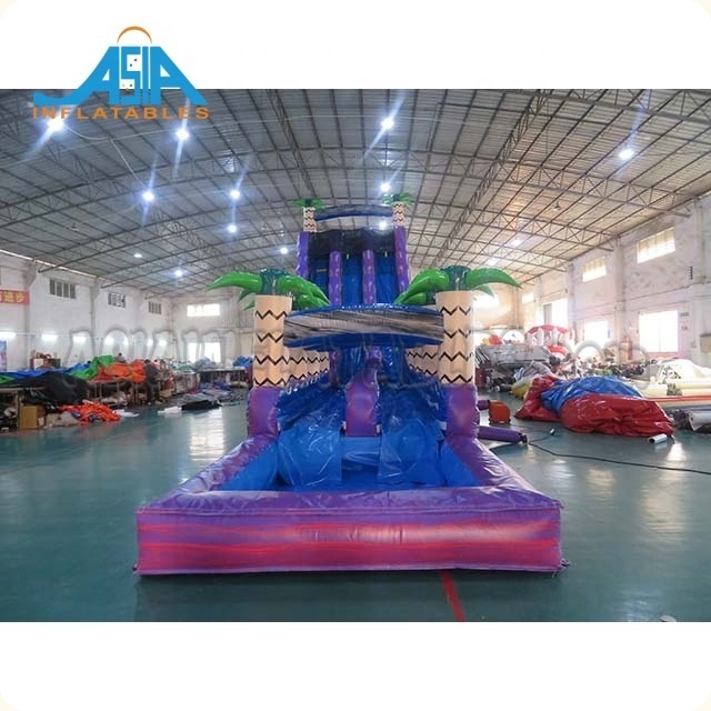 Purple Tropical Theme Commercial Inflatable Giant Water Slide With Pool