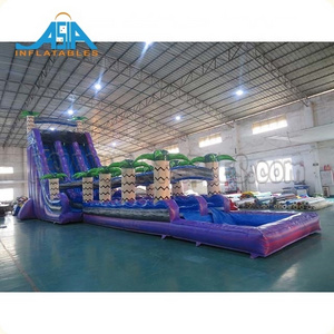 Purple Tropical Theme Commercial Inflatable Giant Water Slide With Pool