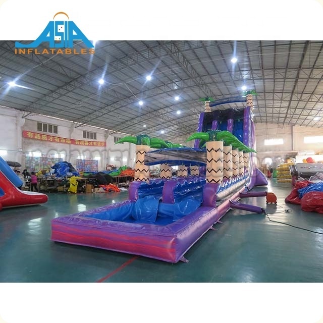 Purple Tropical Theme Commercial Inflatable Giant Water Slide With Pool