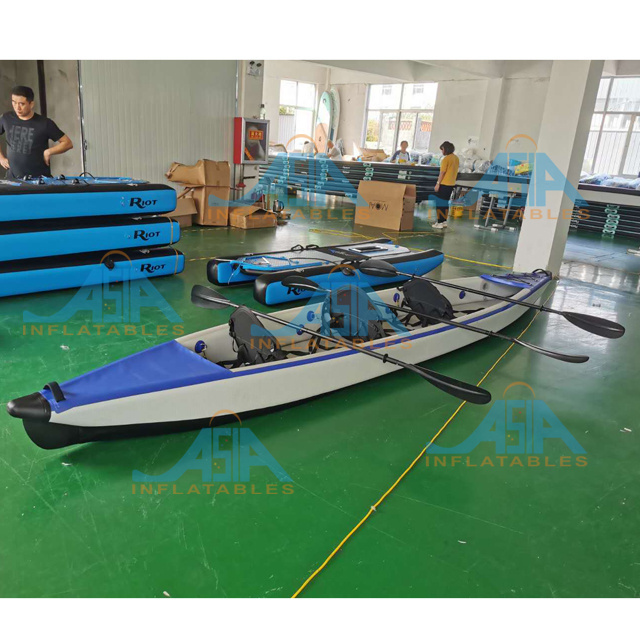 Stock 2 person factory customized fishing canoe rowing boat pedal Drop Stitch Inflatable Kayak with drain hol