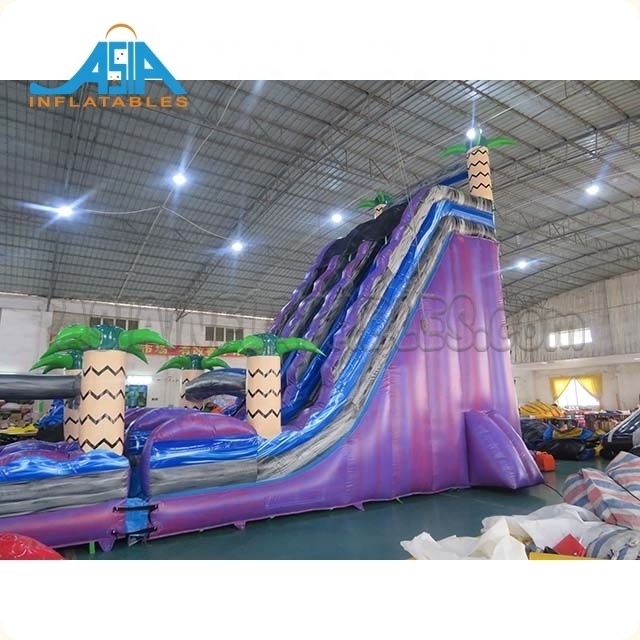 Purple Tropical Theme Commercial Inflatable Giant Water Slide With Pool