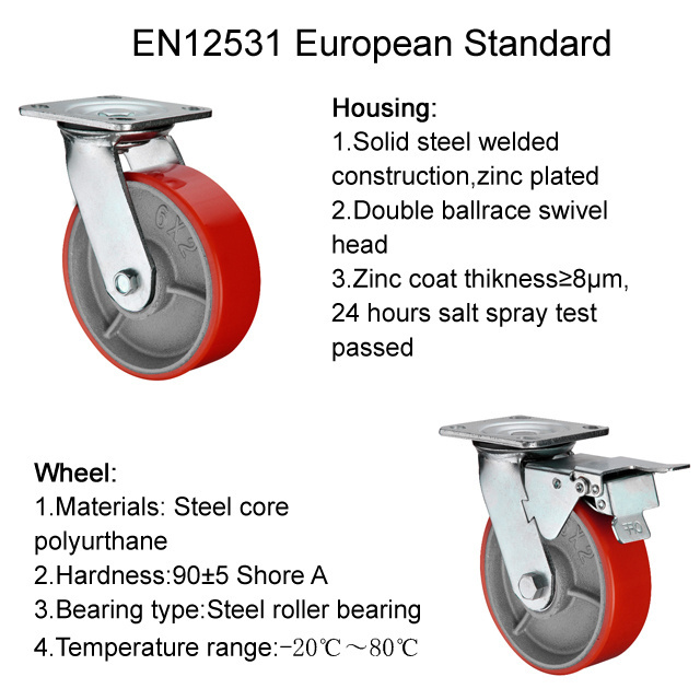 Great quality industrial castor wheel 4 / 5 / 6 /8 /10 inch Red PU Cast iron core furniture trolley pallet wheel heavy duty