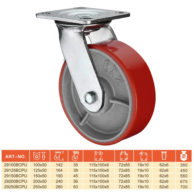 Great quality Dual Bearing Swivel 4 / 5 / 6 /8 inch Red PU Cast iron core 200 mm trolley wheel heavy duty plate caster