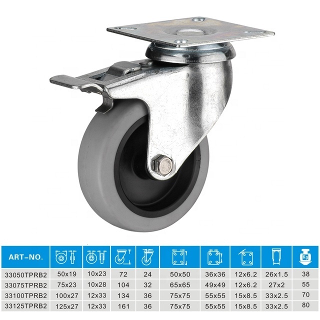 2 3 4 5 Inch Thermoplastic Rubber Swivel Casters TPR Wheels Indoor Furniture Casters With Brakes