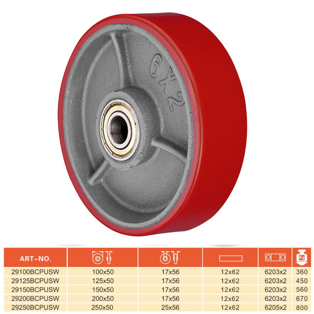 Great quality industrial castor wheel 4 / 5 / 6 /8 /10 inch Red PU Cast iron core furniture trolley pallet wheel heavy duty