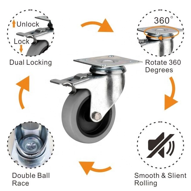 2 3 4 5 Inch Thermoplastic Rubber Swivel Casters TPR Wheels Indoor Furniture Casters With Brakes