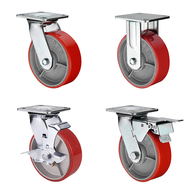 Great quality industrial castor wheel 4 / 5 / 6 /8 /10 inch Red PU Cast iron core furniture trolley pallet wheel heavy duty