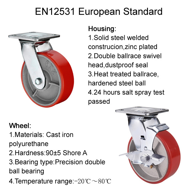 Great quality Dual Bearing Swivel 4 / 5 / 6 /8 inch Red PU Cast iron core 200 mm trolley wheel heavy duty plate caster