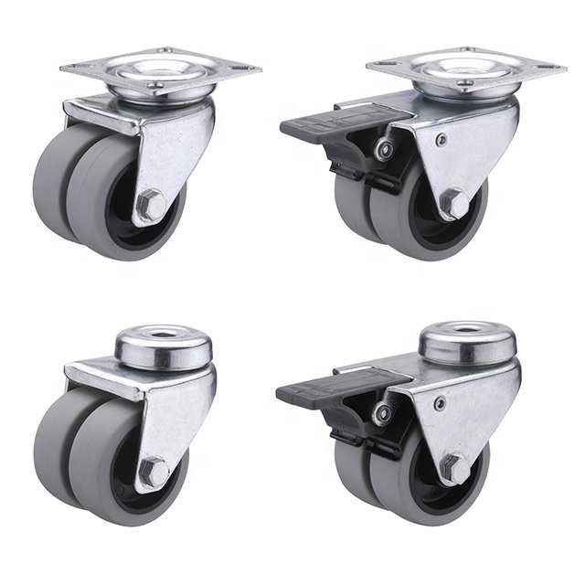 Indoor Outdoor Bolt Hole Dual Brake Swivel 2 Inch double Wheel refrigerator castor Small Gray TPR 50mm Fridge Twin Wheel Caster