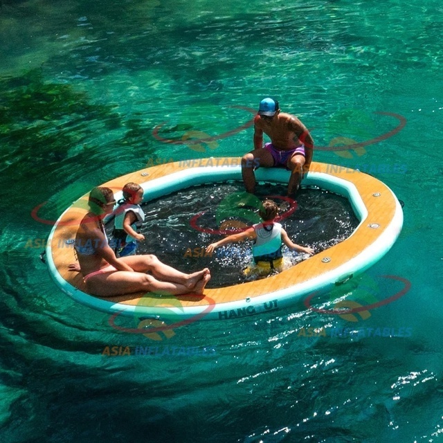 Swimming pool inflatable raft jet ski floating dock , inflatable floating island platform with water hammock