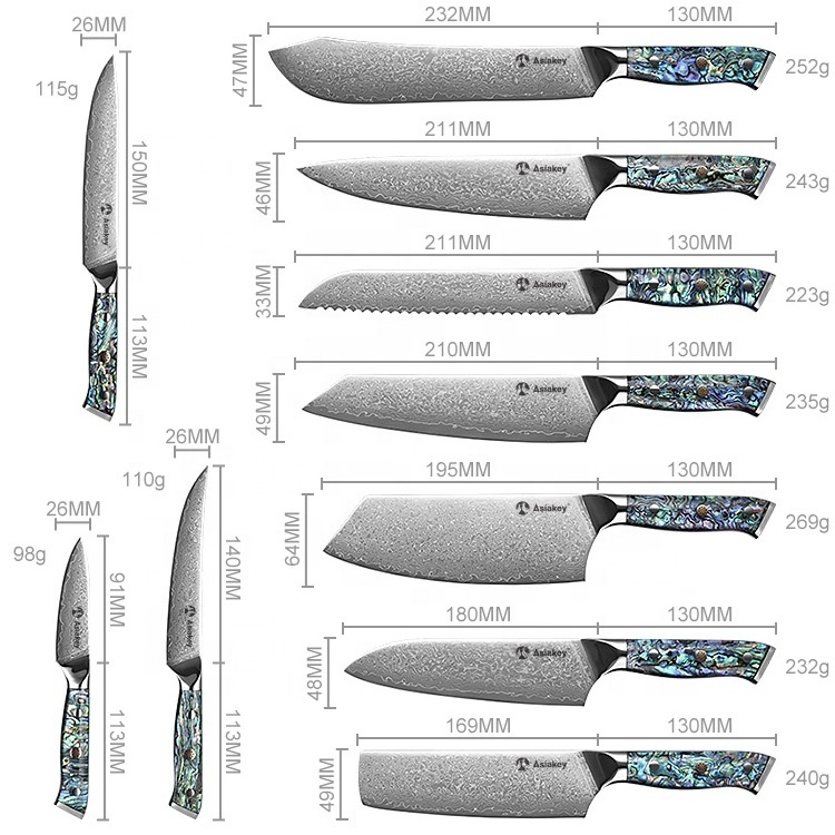 Abalone Handle Custom Made Hand Crafted Damascus Steel Blank Kitchen Chef Knife Set