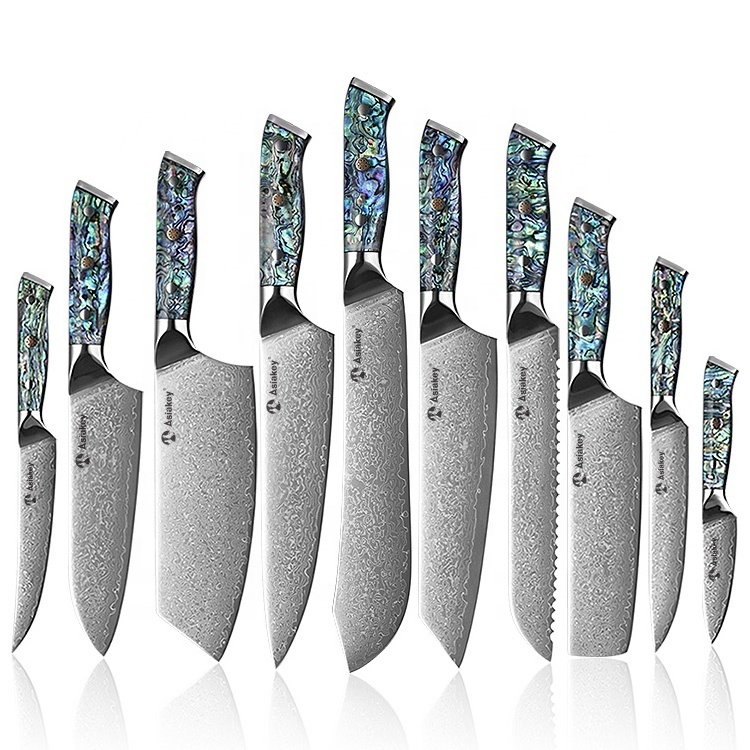 Abalone Handle Custom Made Hand Crafted Damascus Steel Blank Kitchen Chef Knife Set