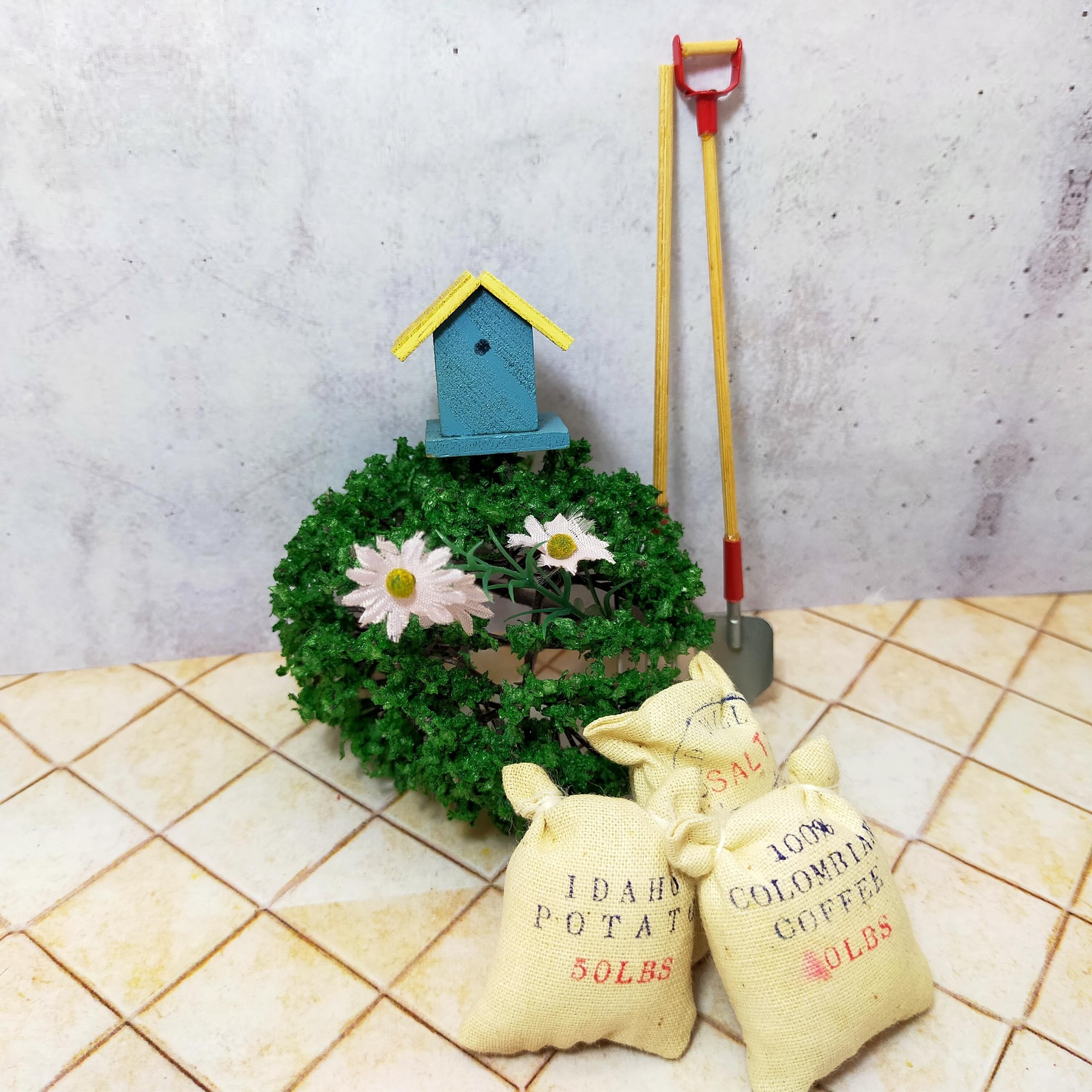 Miniature Dollhouse Scale 1:12 Sack of Potato, Coffee beans, Salt & Bird house