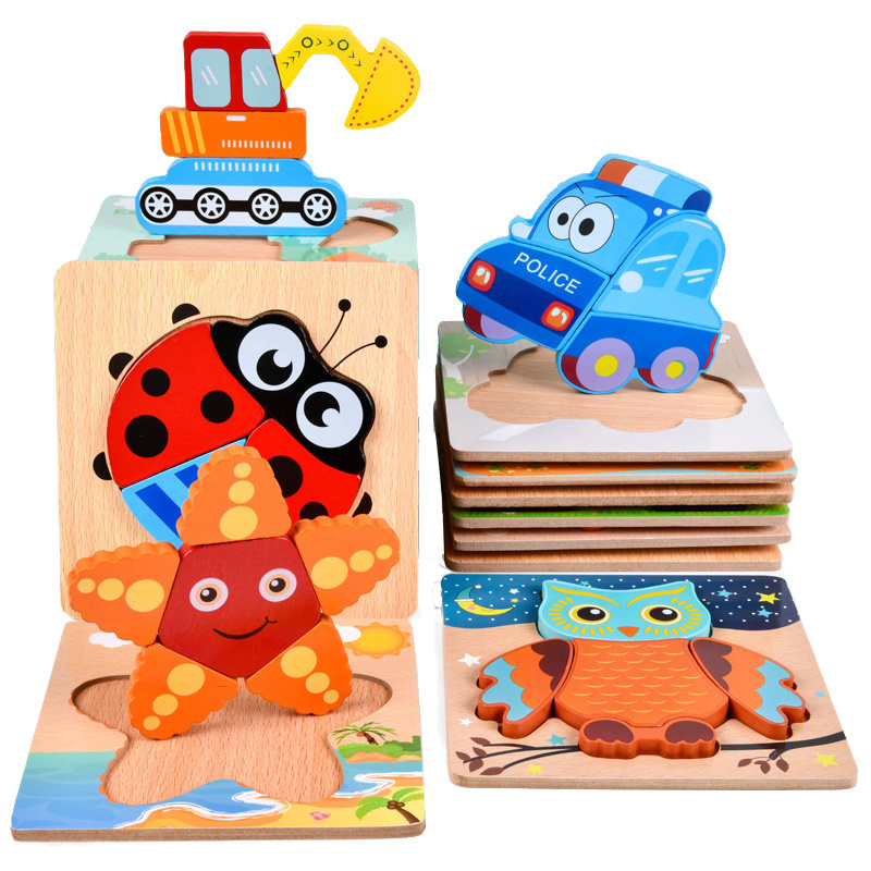 Wholesale new fashion owl pattern wooden toy 3d animal shape puzzle for toddlers