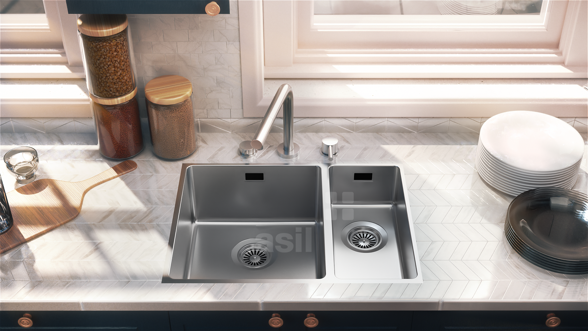 Bowl Stainless Steel Sink Double Bowl Stainless Steel Industrial Kitchen Sink Restaurant Hotel Kitchen Sink 58x44 (34x40-18x40 )