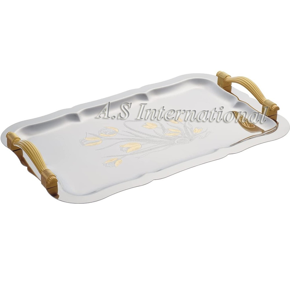 Modern Trendy Rectangular Stainless Steel Serving Tray Silver Finishes With Handles For Food & Coffee Table Homeware Hot Selling