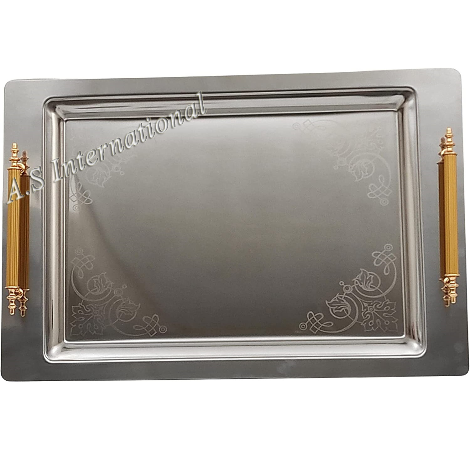 Modern Trendy Rectangular Stainless Steel Serving Tray Silver Finishes With Handles For Food & Coffee Table Homeware Hot Selling