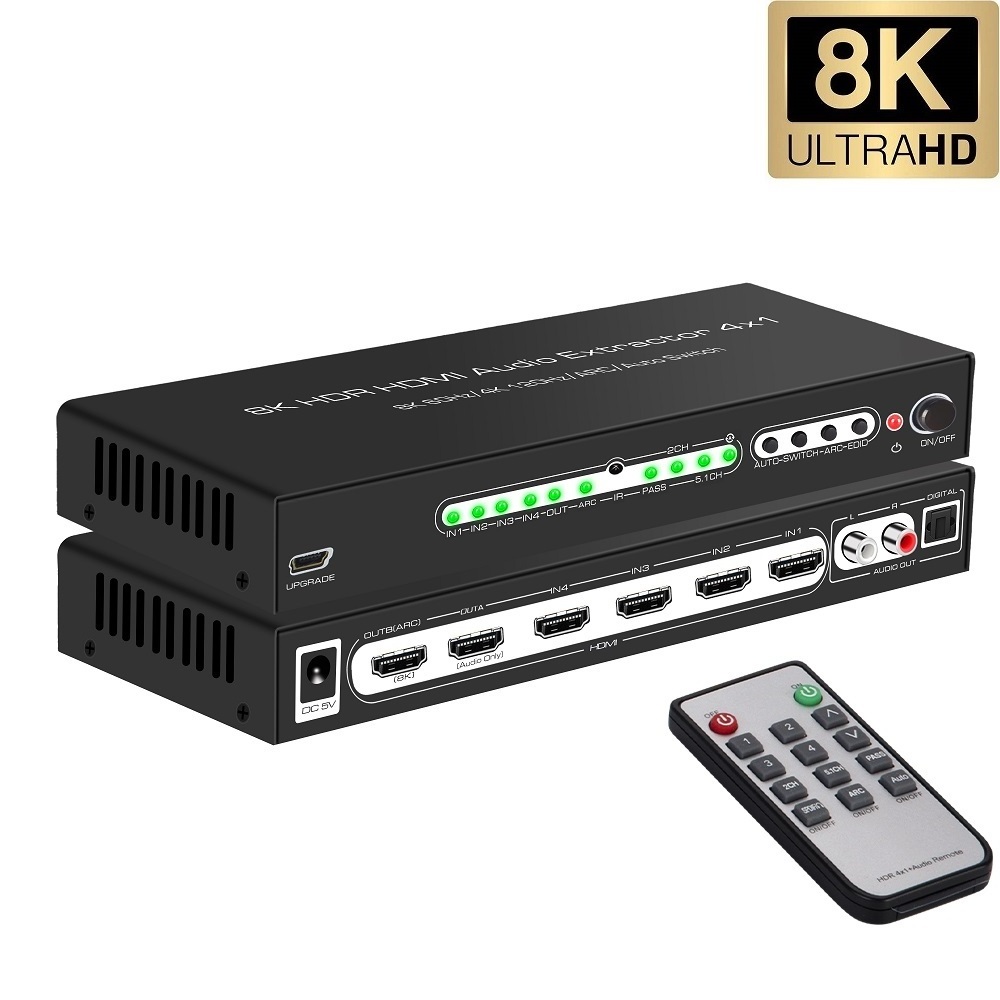 8K HDMI Switcher 4 In 1 Out Audio Extractor Support Atmos Soundbar SPDIF Toslink RCA Audio Remote Control ARC Auto Switch