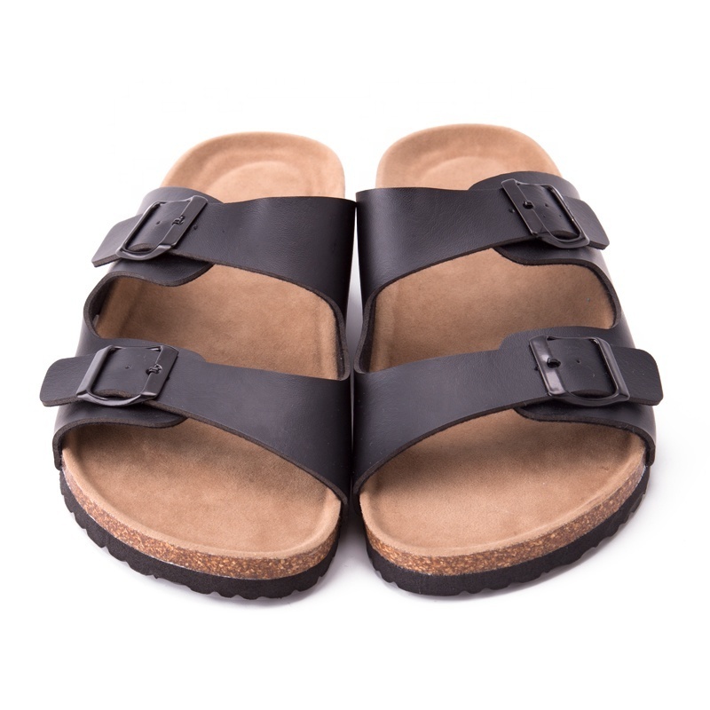 Men's Slip On Flat Casual Cork Sandals with 2-Strap Buckle Leather Cork Slide Sandals for Men