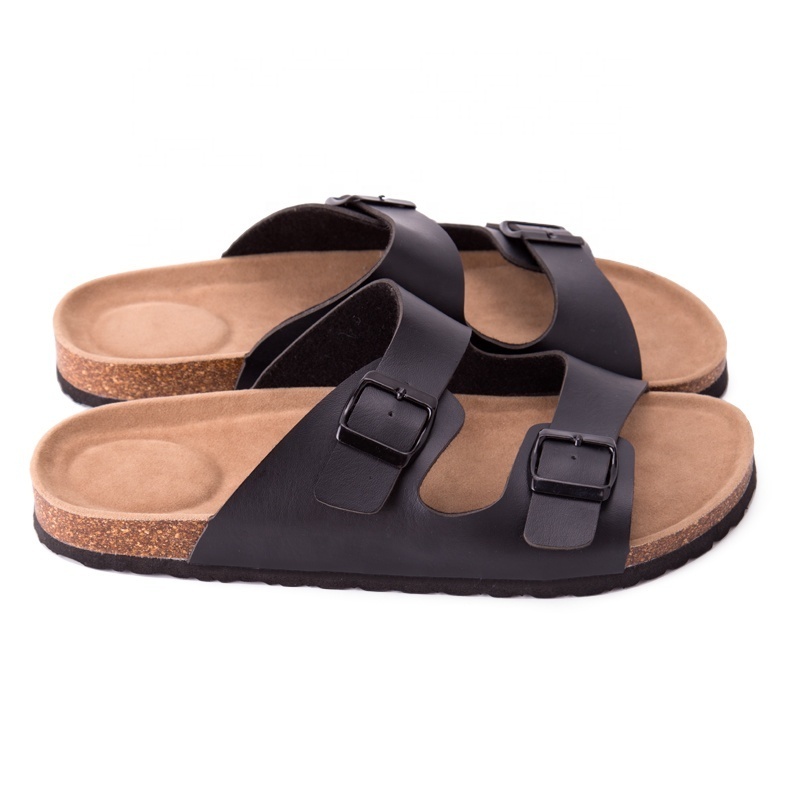 Men's Slip On Flat Casual Cork Sandals with 2-Strap Buckle Leather Cork Slide Sandals for Men