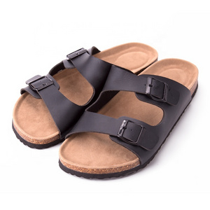 Men's Slip On Flat Casual Cork Sandals with 2-Strap Buckle Leather Cork Slide Sandals for Men