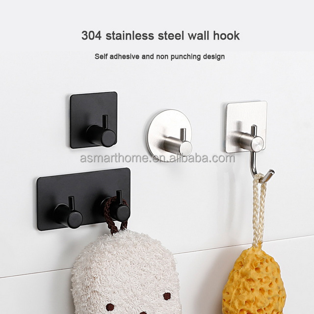 China Double Faced Adhesive Stainless Steel Silver Black Wall Door Hooks Kitchen Shower Self-Adhesive Towel Hanger